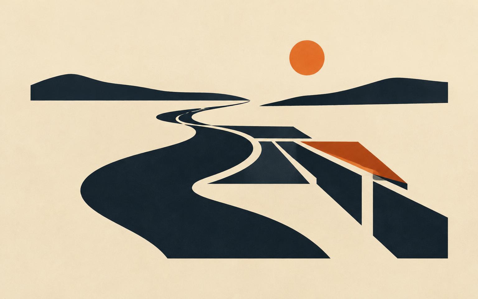 Abstract creek splitting into precise channels under an orange sun