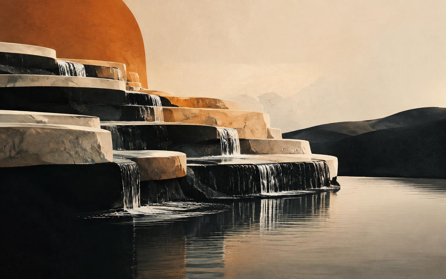 Water flowing down stone terraces into a still pool