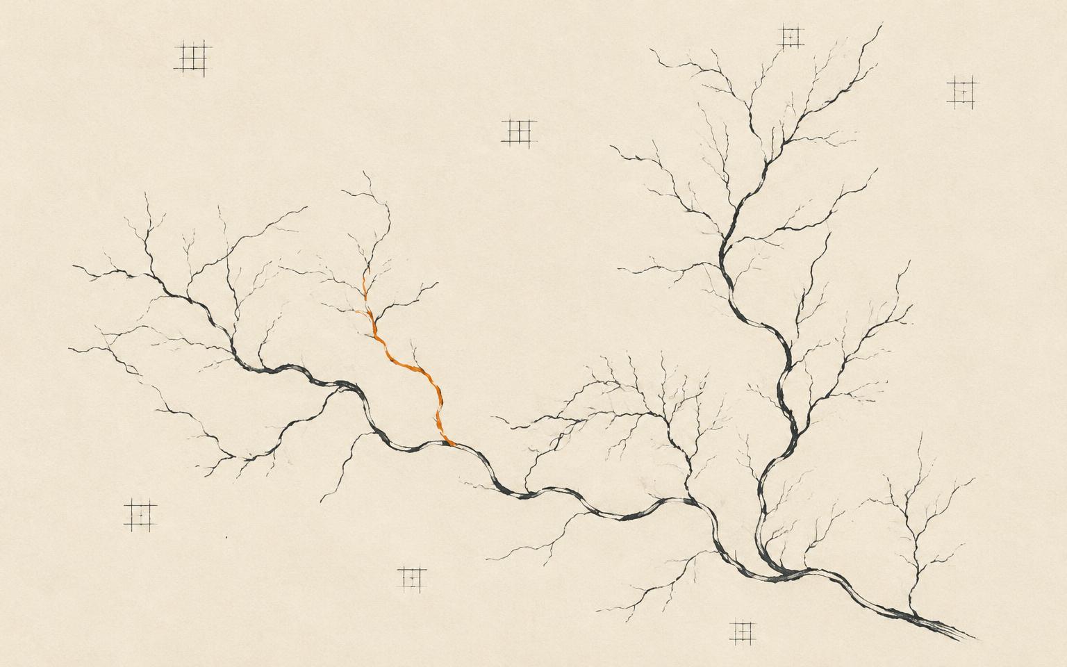 Ink sketch of branching river tributaries with one orange stream